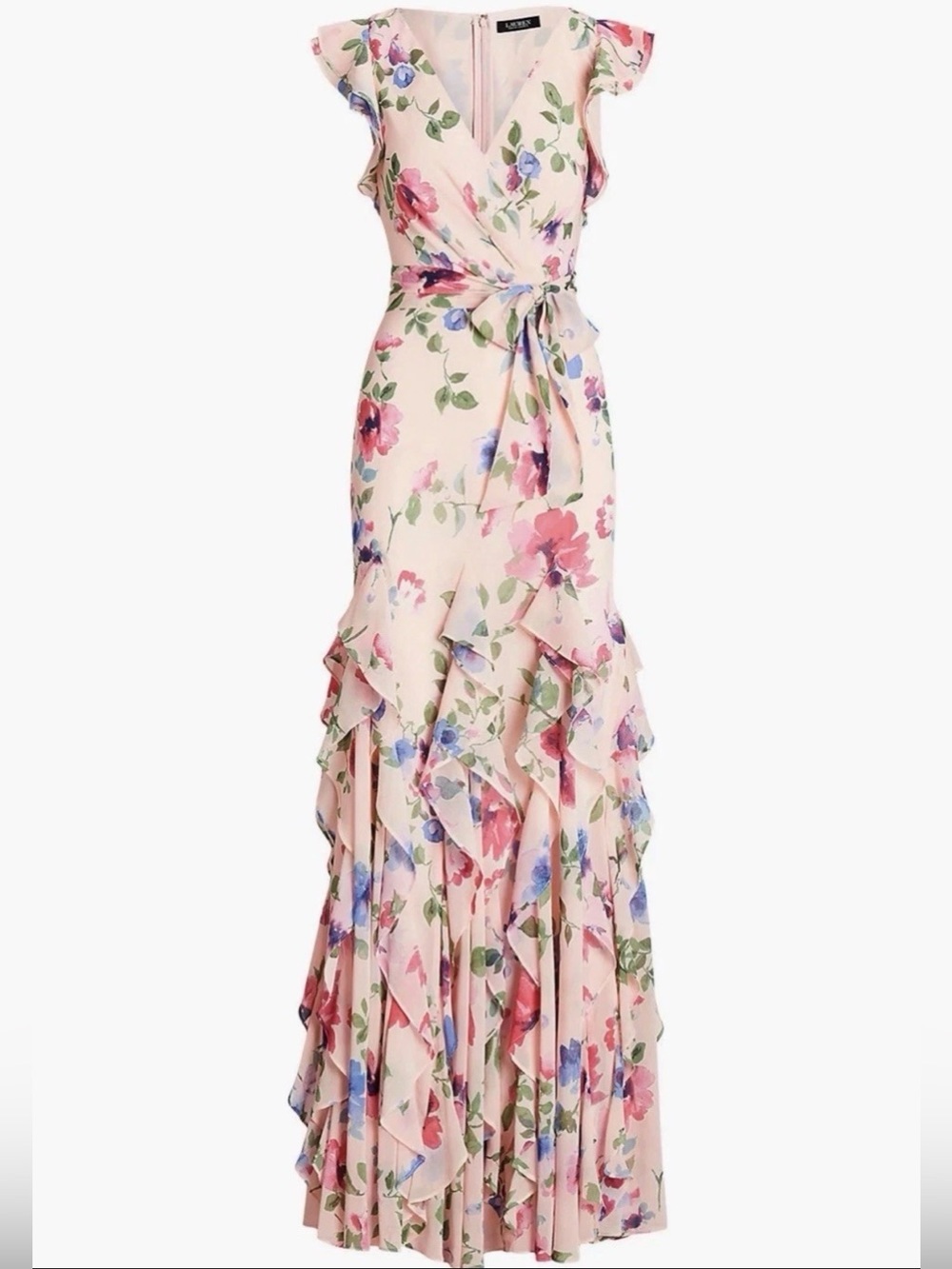 Ralph Lauren Size 4 Pink Floral Wrap Maxi Dress Ruffle Summer Wedding RP $298 - Picture 3 of 3